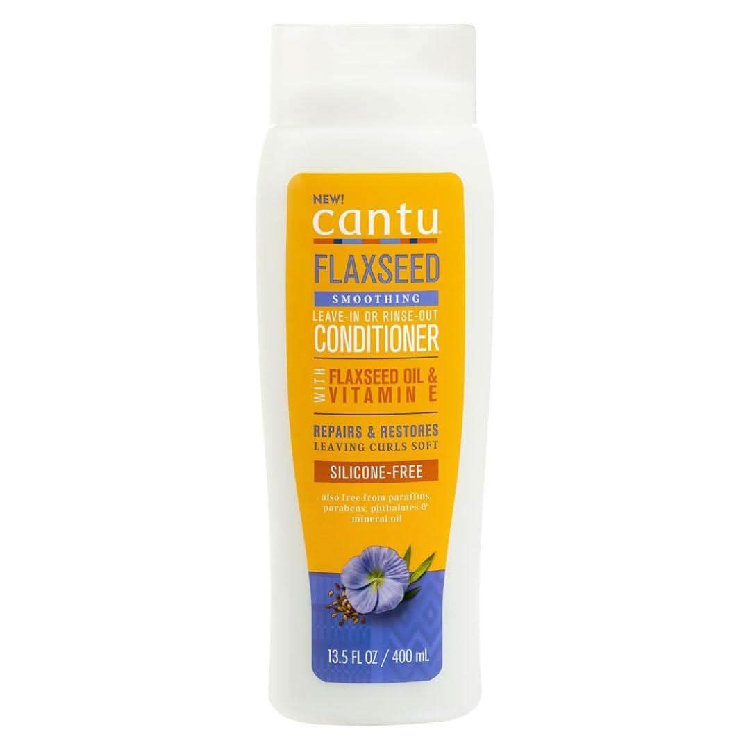 Cantu Flaxseed Smoothing Leave-In or Rinse-Out Conditioner, 400ml white bottle with yellow and purple label.