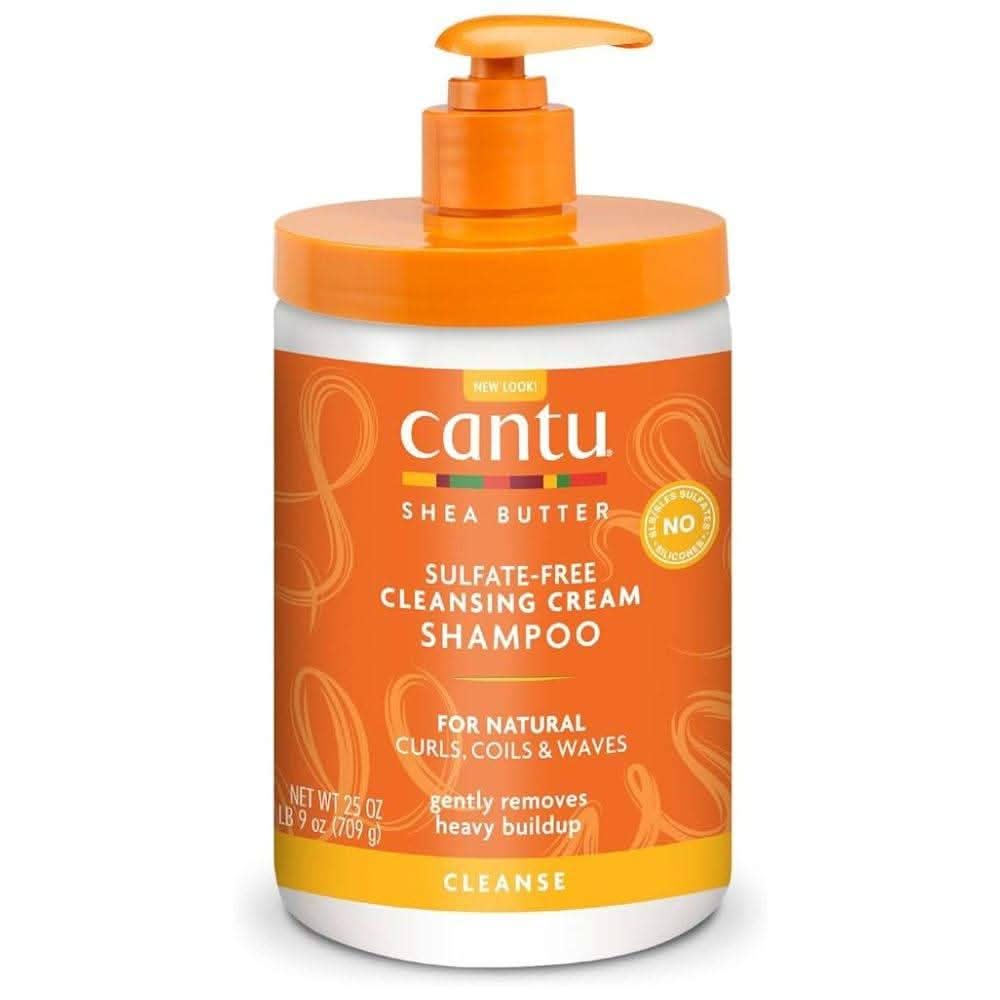 Cantu Shea Butter Sulfate-Free Cleansing Cream Shampoo in a large white and orange pump bottle.