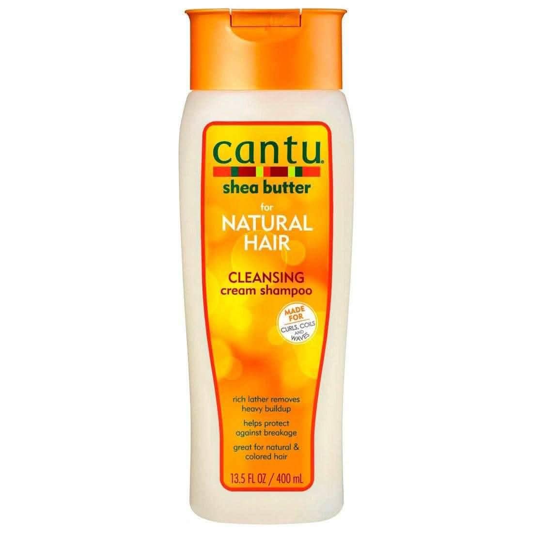 Cantu Shea Butter Cleansing Cream Shampoo, 13.5 fl oz bottle with orange flip cap and label.