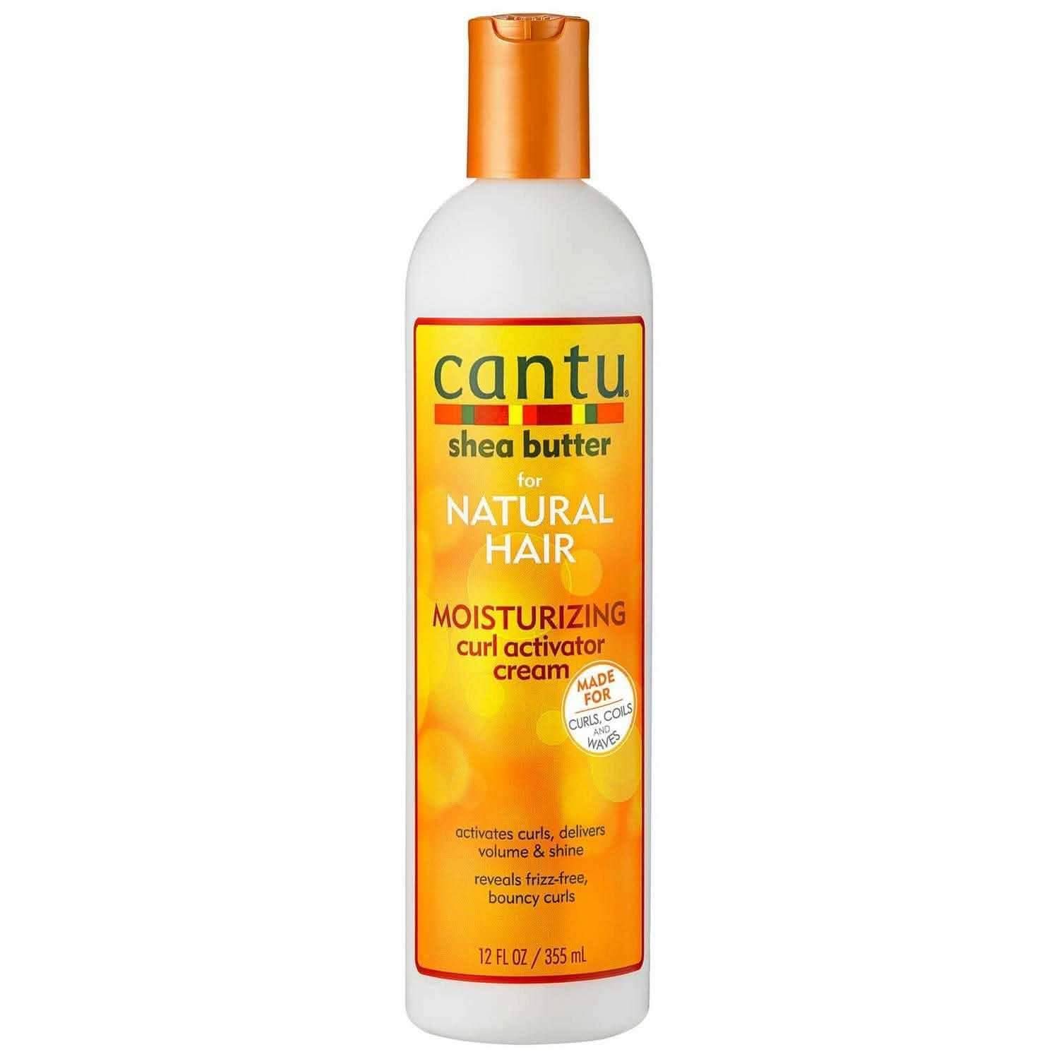 White Cantu Shea Butter Moisturizing Curl Activator Cream bottle with orange label and flip-top cap, 355ml.