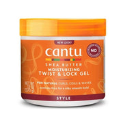 Cantu Shea Butter Moisturizing Twist & Lock Gel in an orange jar with a textured lid.
