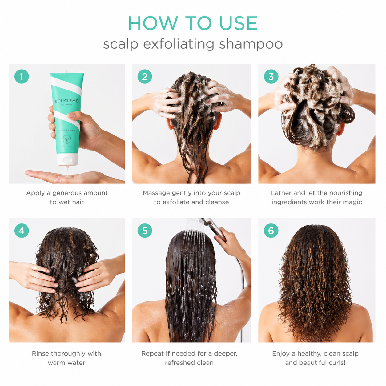 Six-panel guide showing how to use Bouclème Scalp Exfoliating Shampoo, from application to beautiful curls.