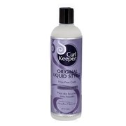 Curl Keeper Original Liquid Styler, a 355ml white bottle with a black cap and purple label.
