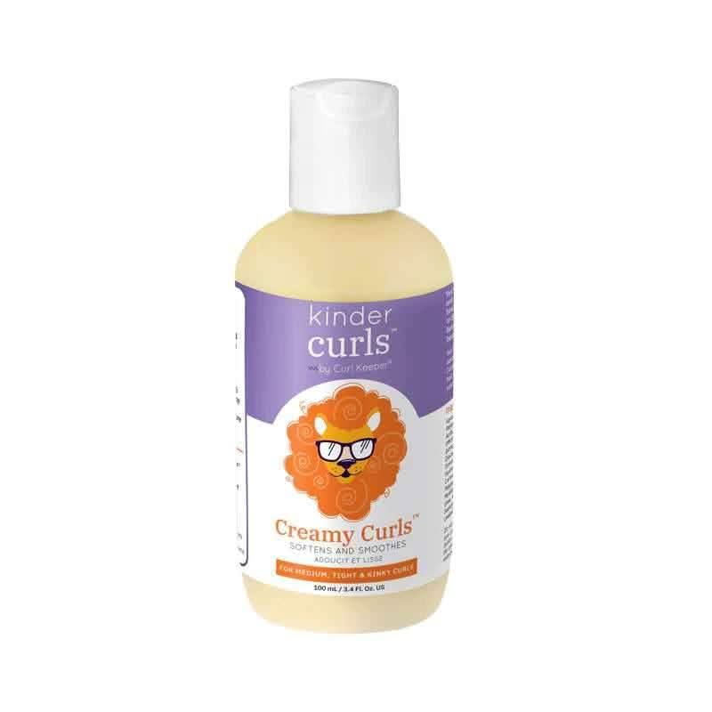 Kinder Curls Creamy Curls hair moisturizer in a light yellow bottle with a white cap and purple label.