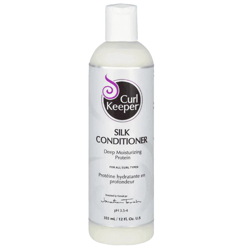 Curl Keeper Silk Conditioner in a white 355ml bottle with purple and black label.