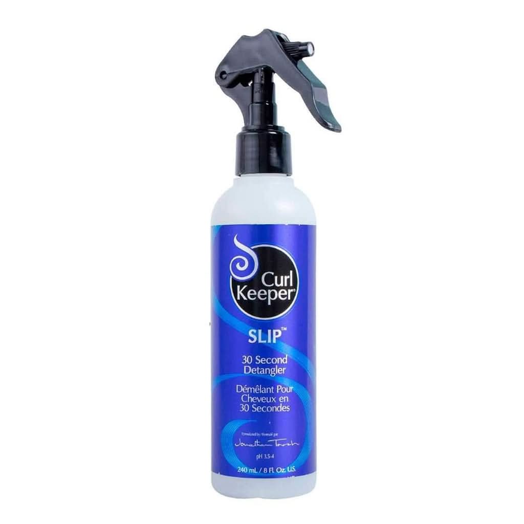 Curl Keeper Slip 30 Second Detangler in a white spray bottle with a black trigger and purple label.