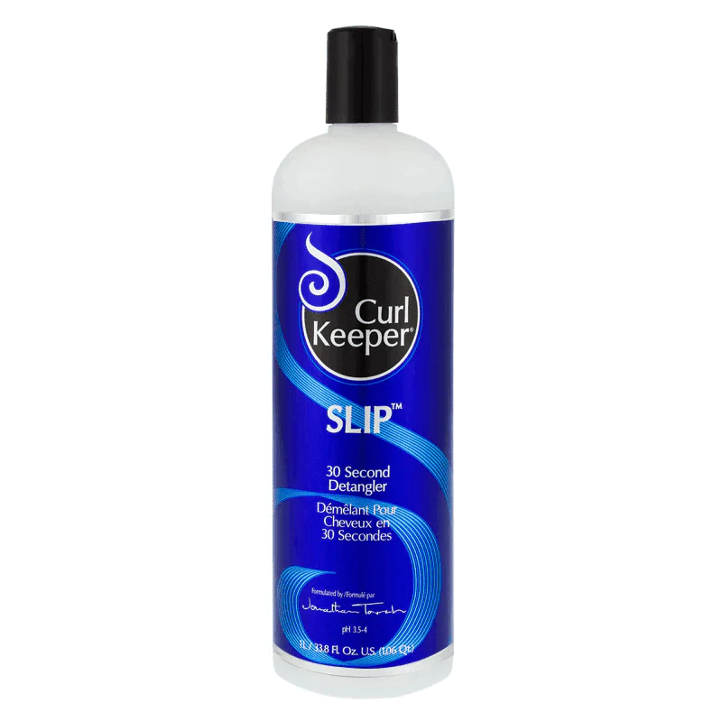 Curl Keeper Slip 30 Second Detangler in a white bottle with a black cap and blue label.