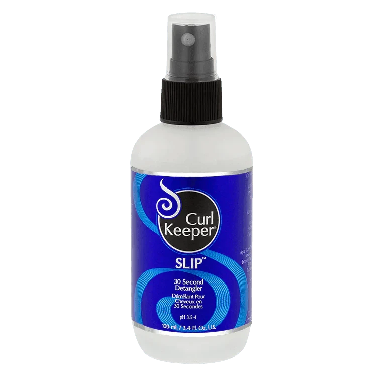 White bottle of Curl Keeper Slip 30 Second Detangler with a black spray top and blue label.