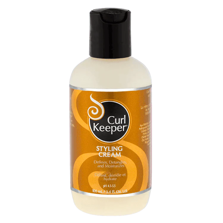 Curl Keeper Styling Cream in a 100ml off-white bottle with a black flip-top cap and gold label.