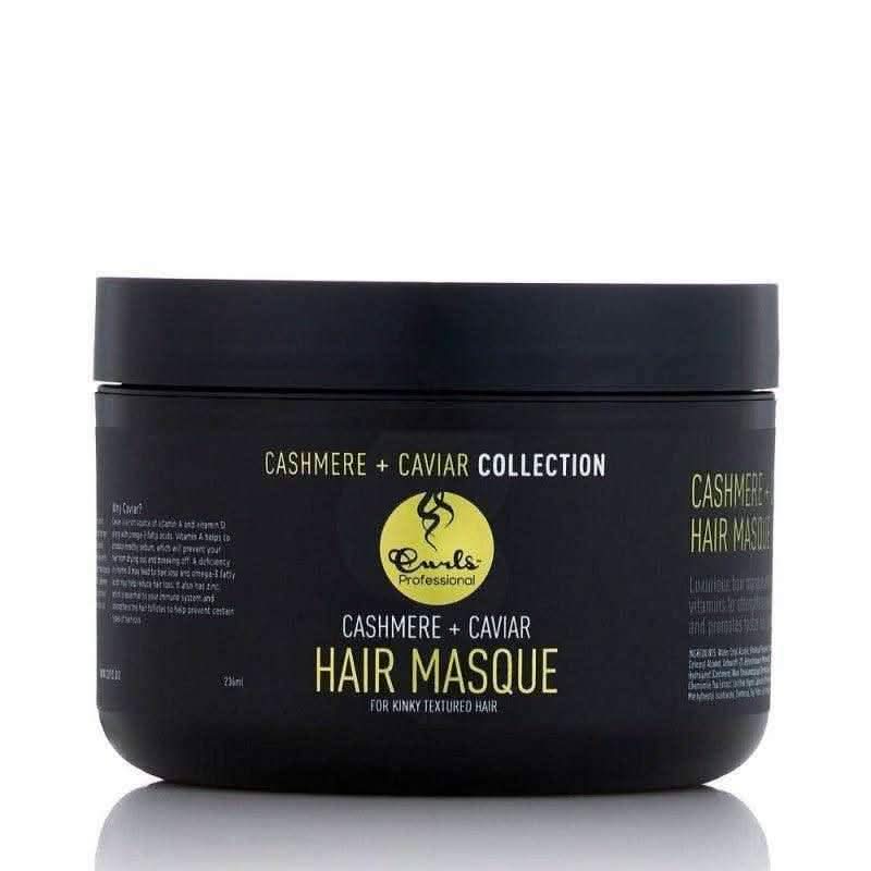 Black Curls Cashmere + Caviar Hair Masque jar with gold lettering for kinky textured hair.