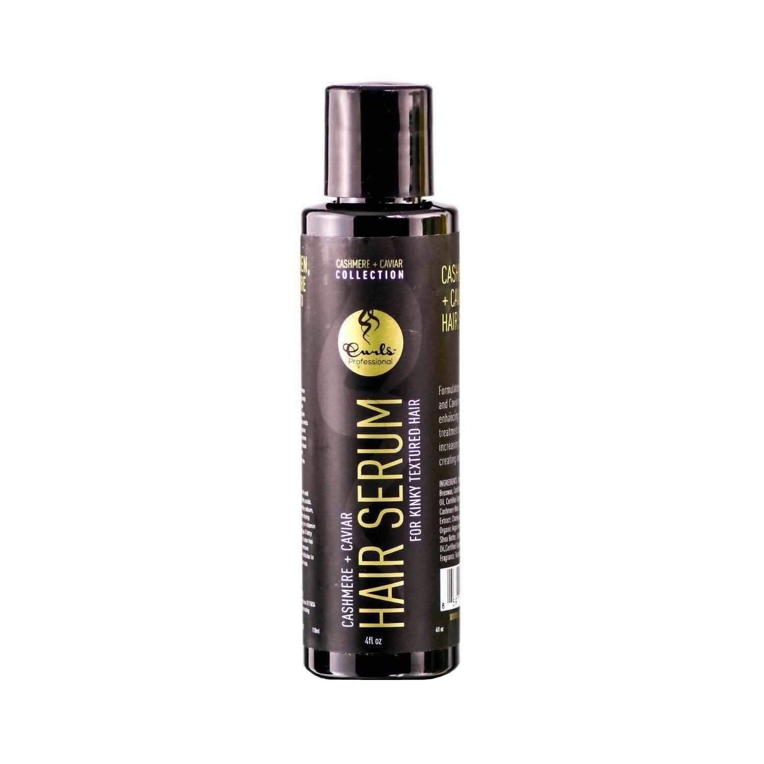 Black Curls Cashmere + Caviar Hair Serum 118ml bottle with gold and white text.