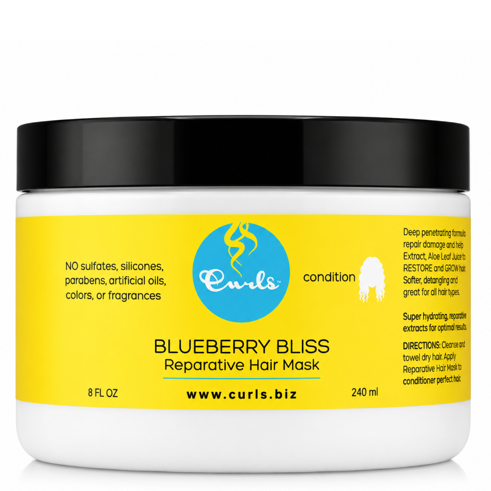 White jar of Curls Blueberry Bliss Reparative Hair Mask with yellow label and black lid, 240ml.