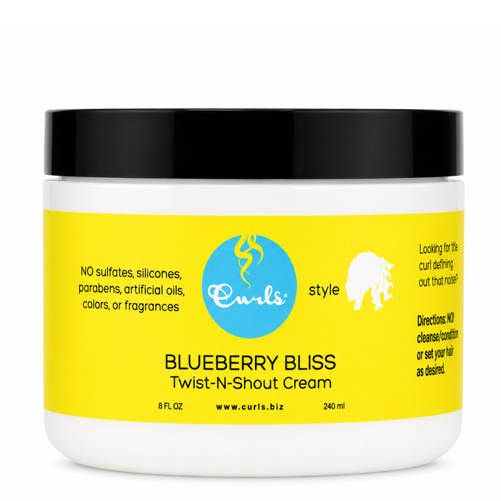White jar of Curls Blueberry Bliss Twist-N-Shout Cream with a bright yellow label and blue logo.