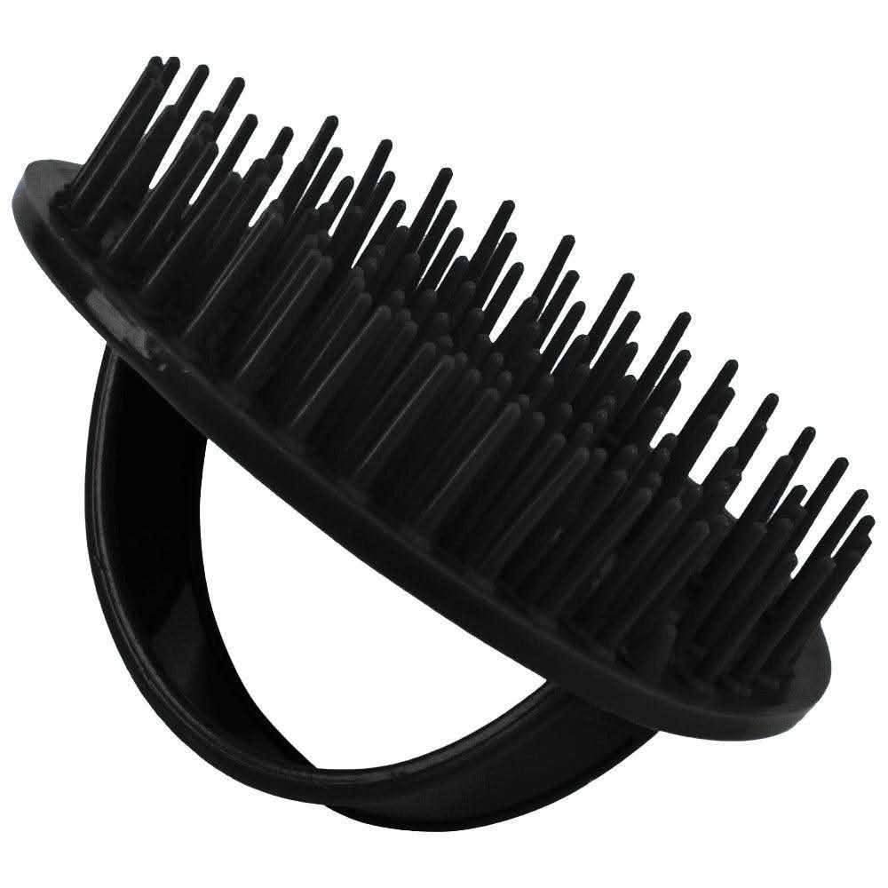 Black Denman D6 Palm Styler detangling brush with flexible pins and a secure hand strap.