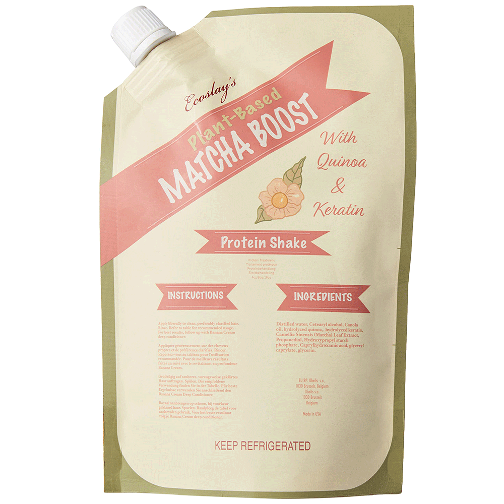 Ecoslay Matcha Boost Protein Treatment in a beige stand-up pouch with a white cap, pink banner, and floral design.