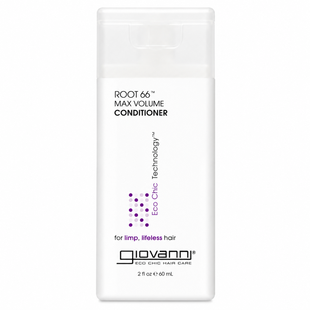 White Giovanni Root 66 Max Volume Conditioner bottle with purple text and dots, 2 fl oz.