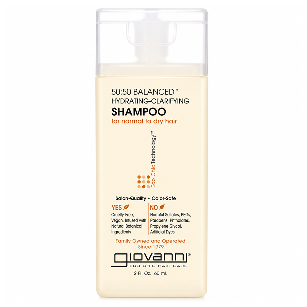 Giovanni Eco Chic 50:50 Balanced Hydrating-Clarifying Shampoo in a small, rectangular, light beige bottle with a clear flip-top cap.