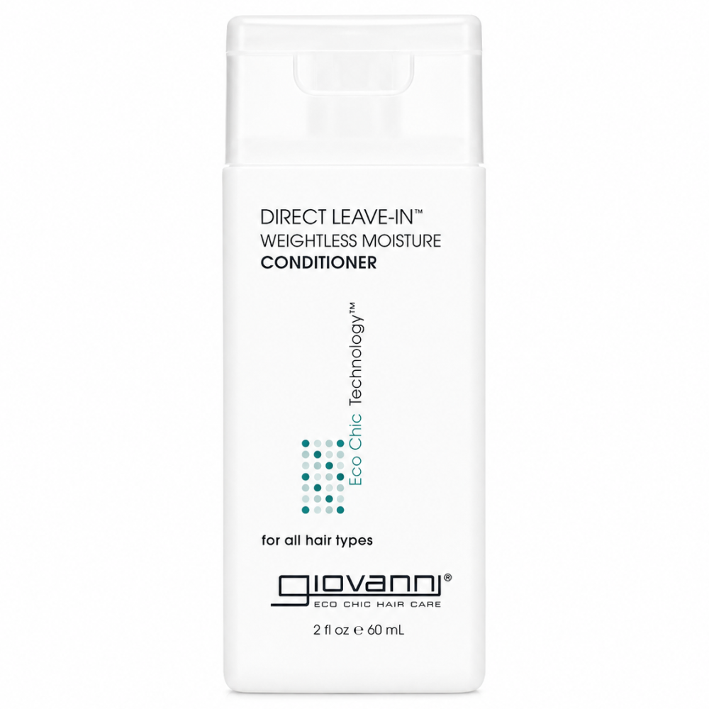 White Giovanni Direct Leave-in Weightless Moisture Conditioner bottle, 2 fl oz, with teal dots.