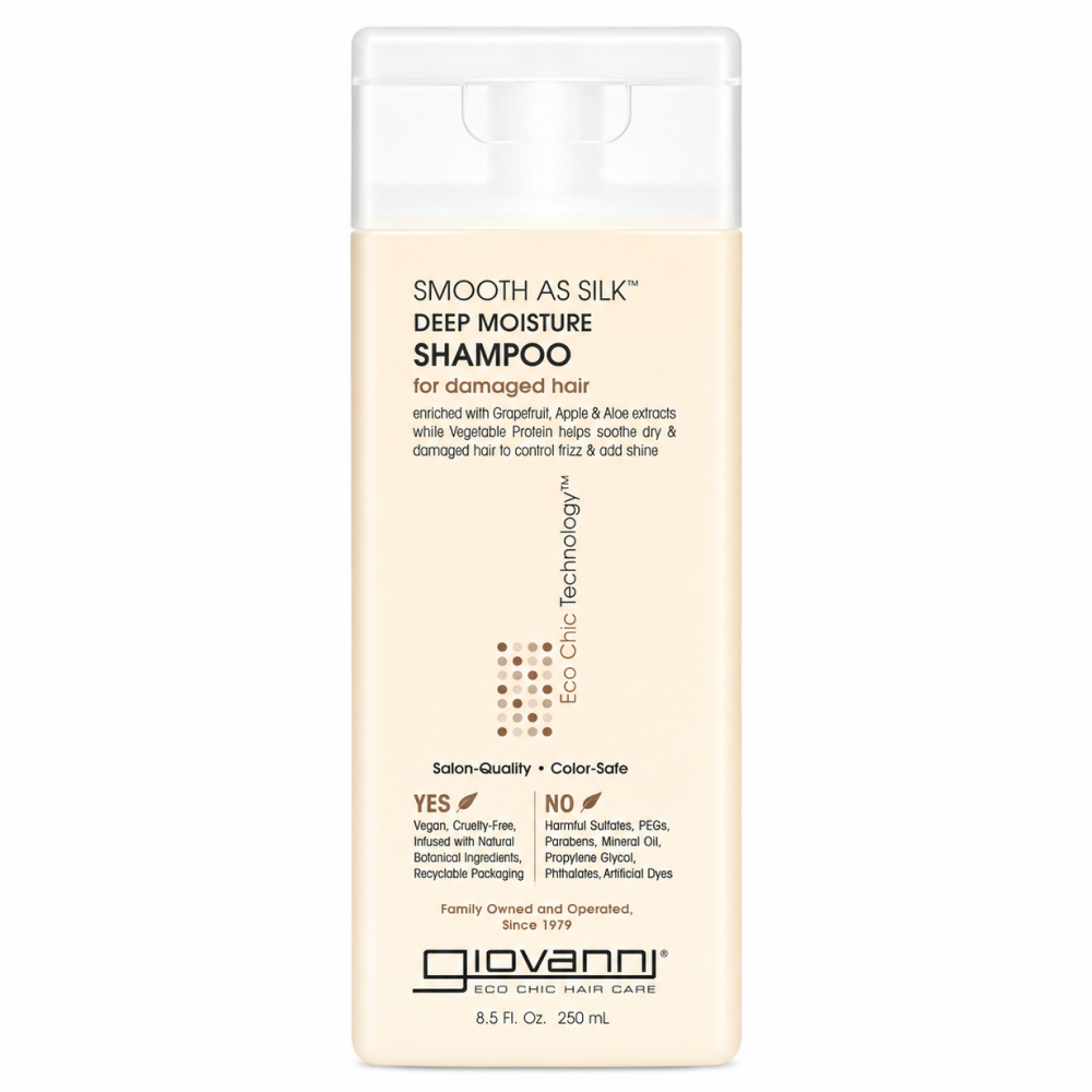 Giovanni Smooth As Silk Deep Moisture Shampoo in a tall, rectangular, light beige bottle with a white flip-top cap.