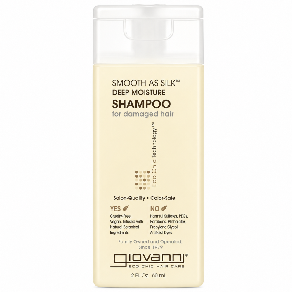Giovanni Smooth As Silk Deep Moisture Shampoo in a 2 fl oz (60 ml) cream-colored bottle with a clear flip-top lid.