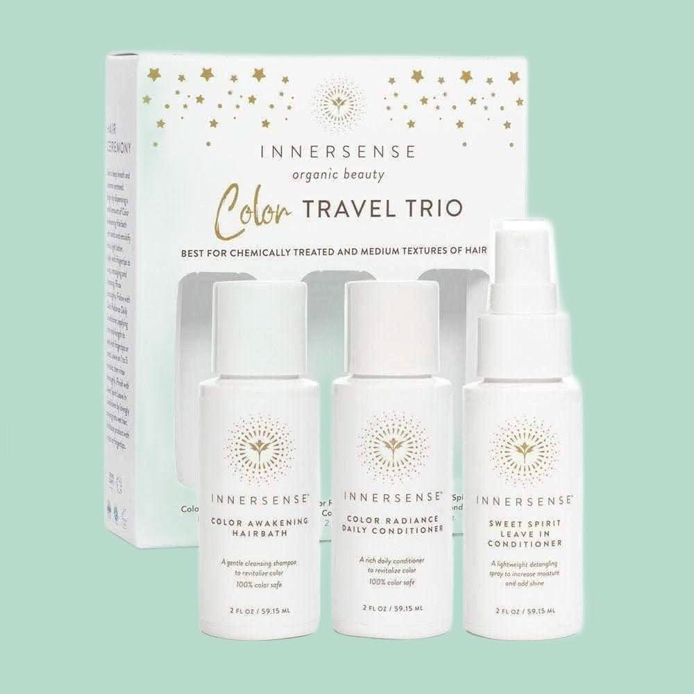 White Innersense Color Travel Trio box with gold stars and three 59ml bottles for color-treated hair.