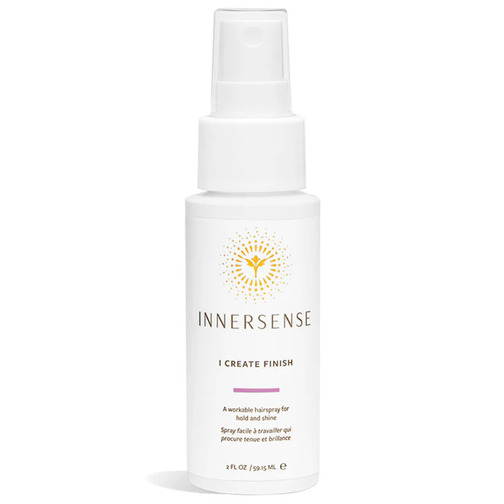 White Innersense I Create Finish spray bottle with orange sun logo, 2 fl oz.