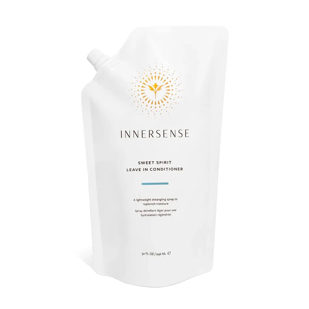 White Innersense Sweet Spirit Leave-in Conditioner refill pouch with a gold sun logo and text.