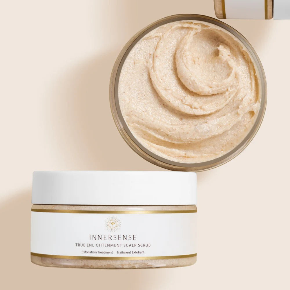 Innersense True Enlightenment Scalp Scrub in an open jar, showing the light beige, textured scrub.