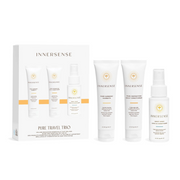 White Innersense Pure Travel Trio box with three small white bottles: shampoo, conditioner, and leave-in spray.