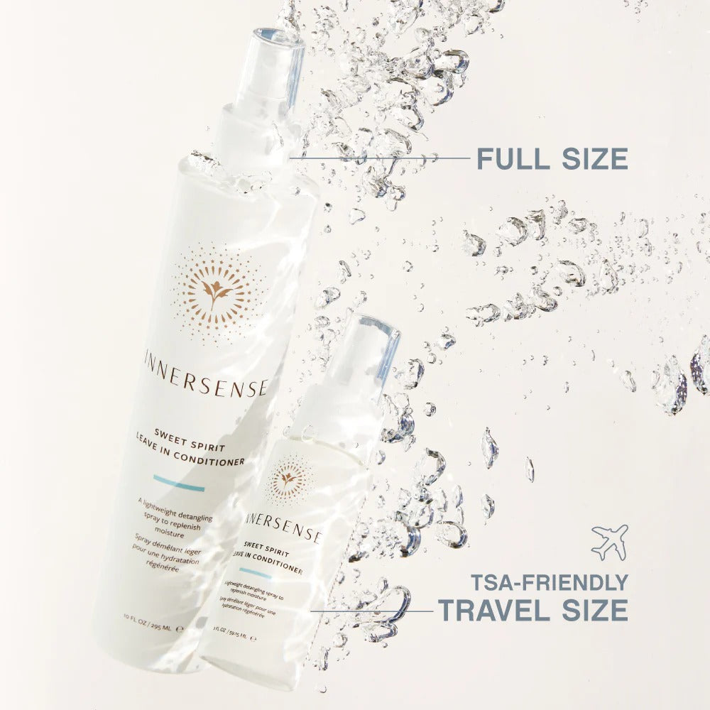 Two white Innersense Sweet Spirit Leave-in Conditioner spray bottles, full and travel size, with water droplets.