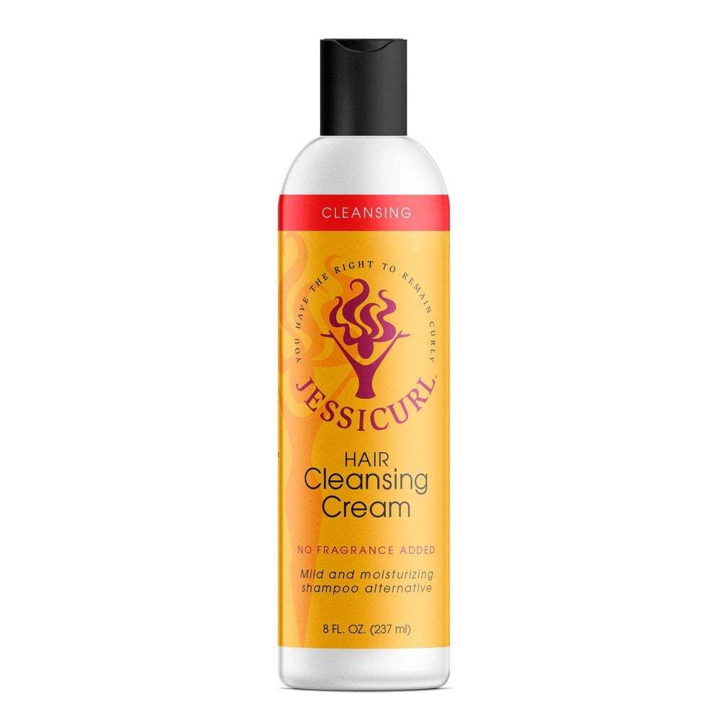 Jessicurl Hair Cleansing Cream in an 8 fl oz white bottle with a black flip-top cap and yellow label.