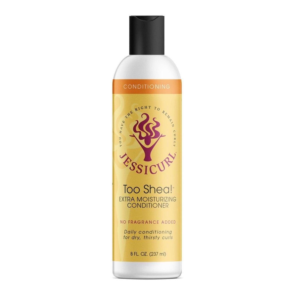 White Jessicurl Too Shea! Extra Moisturizing Conditioner bottle with a black flip-top cap and yellow label.