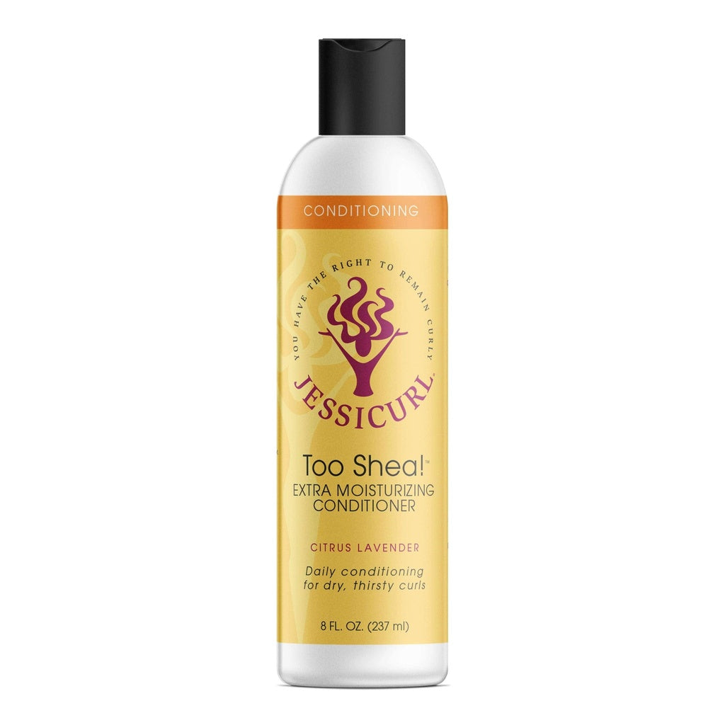 White Jessicurl Too Shea! Extra Moisturizing Conditioner bottle with yellow label and black flip cap.