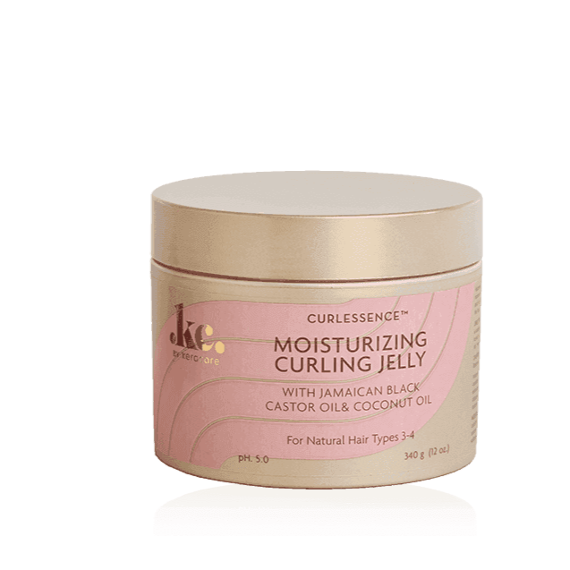 KeraCare Curlessence Moisturizing Curling Jelly, 340g, in a pink and gold jar with a metallic lid.