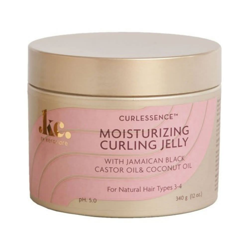 KeraCare Curlessence Moisturizing Curling Jelly in a 340g pink and gold jar.