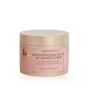 KeraCare Curlessence Moisturizing Leave-In Conditioner in a light brown jar with a gold lid and pink accents.