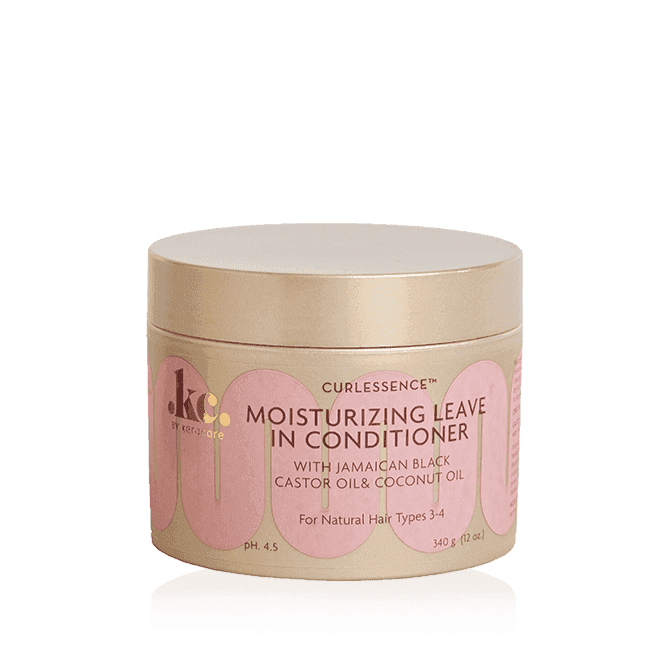 KeraCare Curlessence Moisturizing Leave-In Conditioner in a light brown jar with a gold lid and pink accents.
