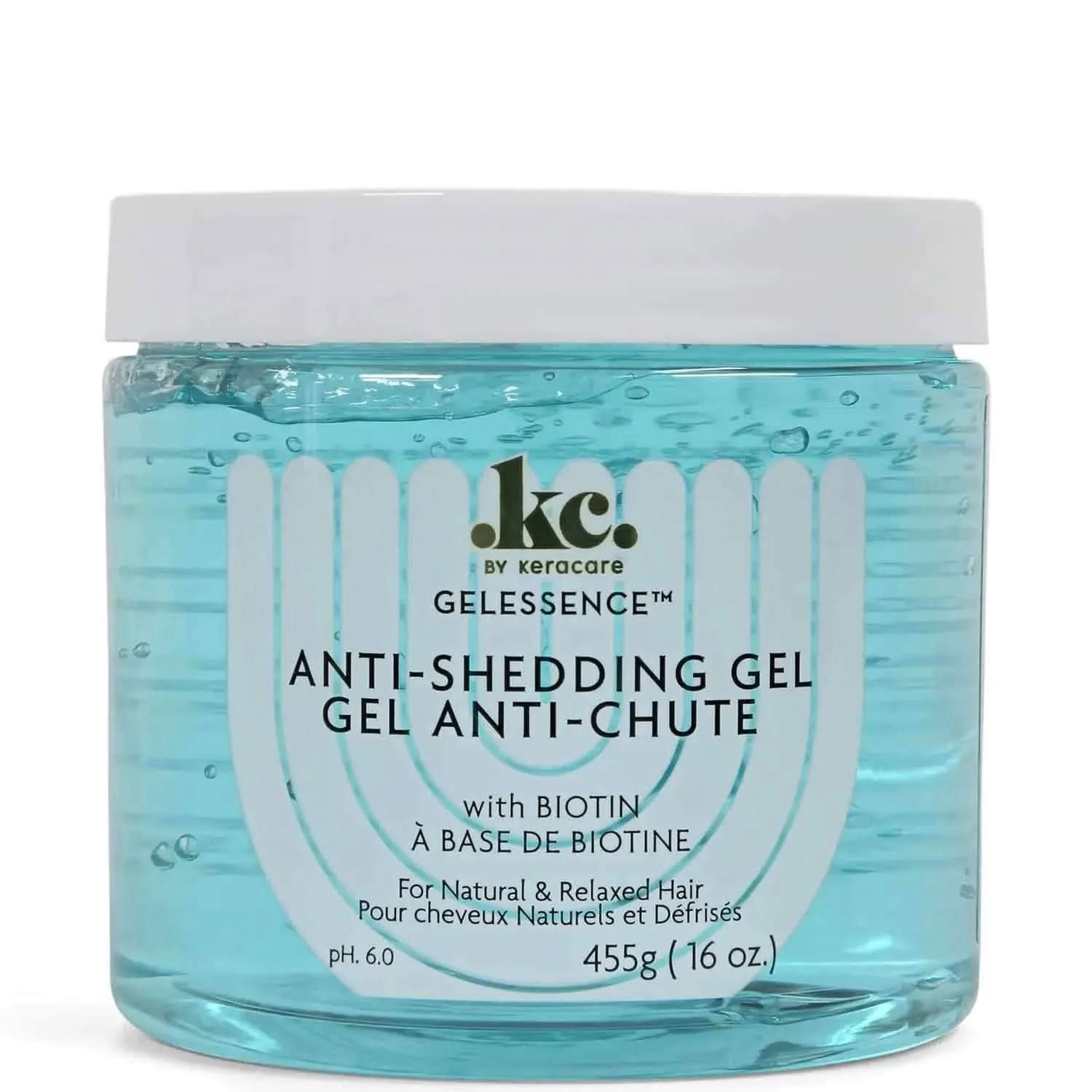 KeraCare Gelessence Anti-Shedding Gel, 455g clear jar with blue gel and white label.