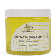 KeraCare Gelessence Strengthening Gel in a clear jar with a white lid, showing the yellow gel inside.