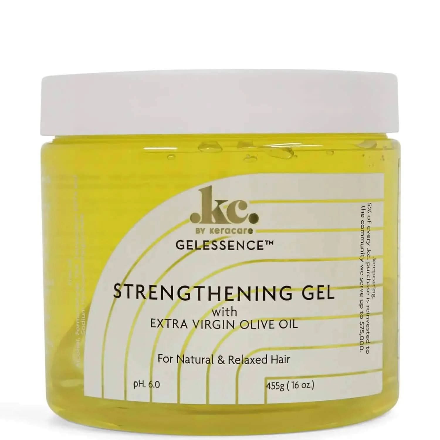 KeraCare Gelessence Strengthening Gel in a clear jar with a white lid, showing the yellow gel inside.