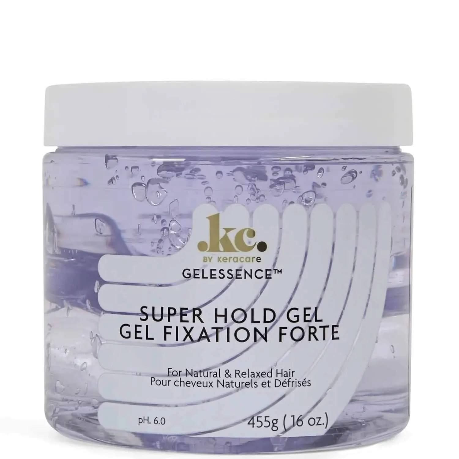 KeraCare Gelessence Super Hold Gel, 455g clear jar with purple gel and white lid.