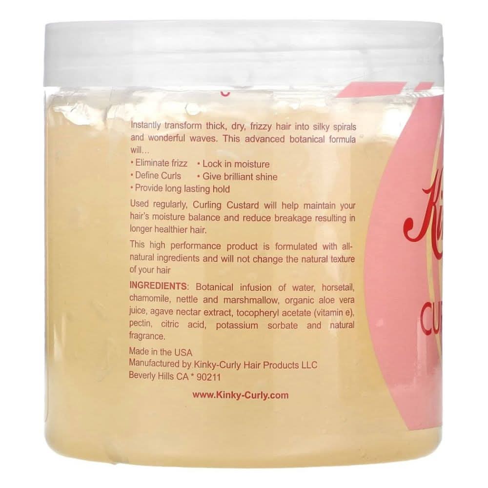 Clear Kinky Curly Gel Curling Custard jar with product description and ingredients on the label.