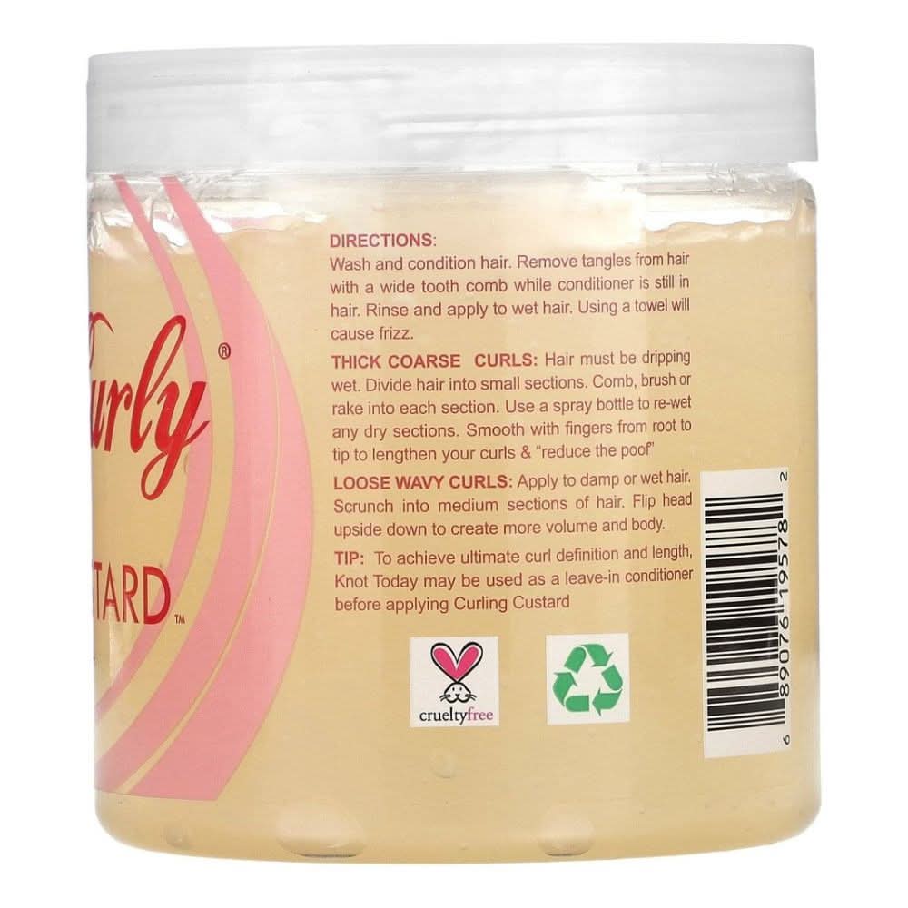 Kinky Curly Gel Curling Custard in a clear jar with a white lid, showing product details and directions.