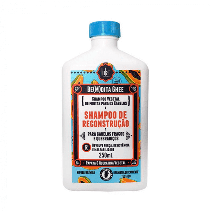 White Lola Cosmetics Be(M)dita Ghee Papaya & Vegetable Keratin Reconstruction Shampoo 250ml bottle with blue cap.