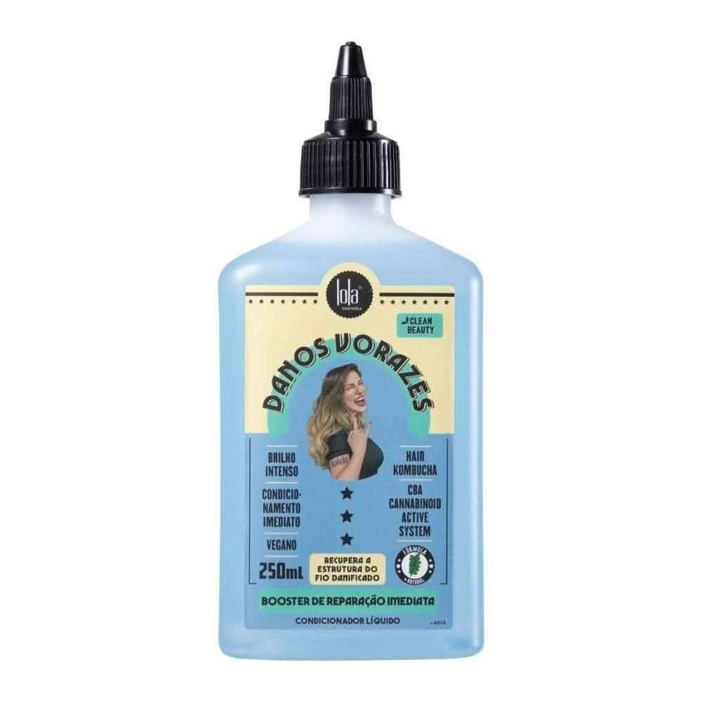 Lola Cosmetics Furious Damage Instant Repair Booster 250ml, light blue bottle with black cap, featuring a woman with blonde hair.