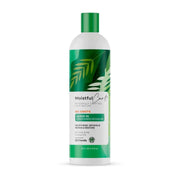 White bottle of Moistful Curl No Knots Leave-In Conditioner/Detangler with green tropical leaf design and green cap.