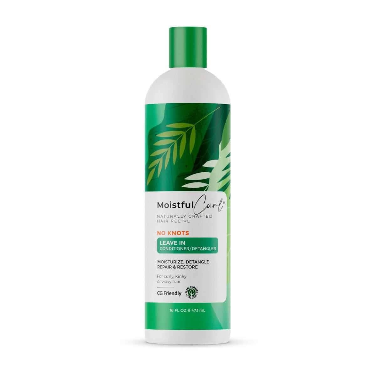 White bottle of Moistful Curl No Knots Leave-In Conditioner/Detangler with green tropical leaf design and green cap.
