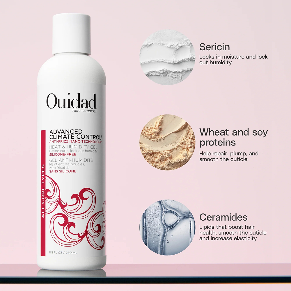 White Ouidad Advanced Climate Control Heat & Humidity Gel bottle with red accents, highlighting key ingredients.