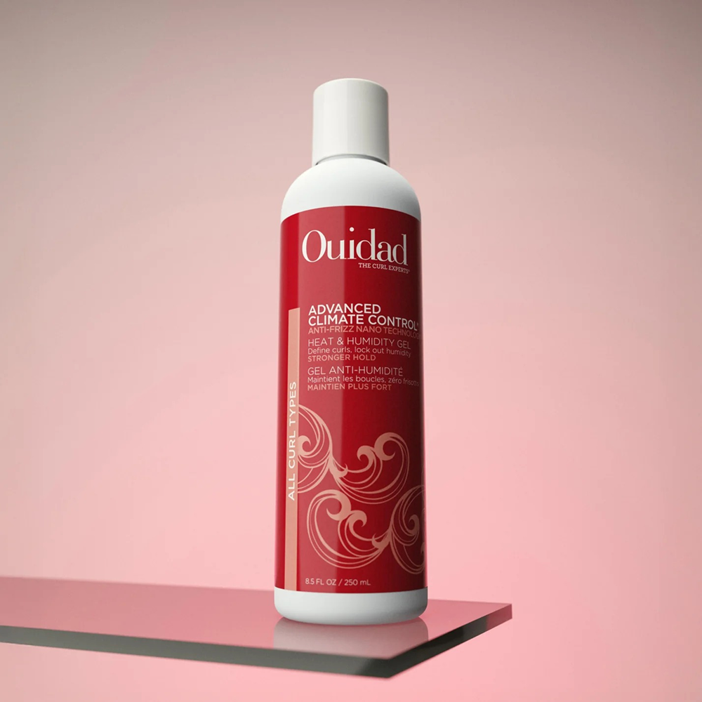 Ouidad Advanced Climate Control Heat & Humidity Gel, 250ml, red and white bottle with elegant swirls.