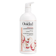 Large white Ouidad Advanced Climate Control Heat & Humidity Gel pump bottle with red and gold swirl design.